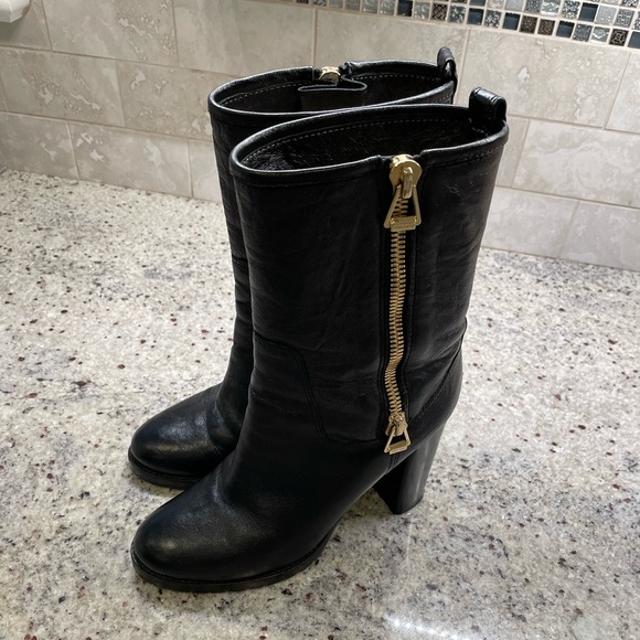 Jimmy Choo 4” heel biker mid calf boots size 38 (8) black gold zipper - Picture 7 of 12